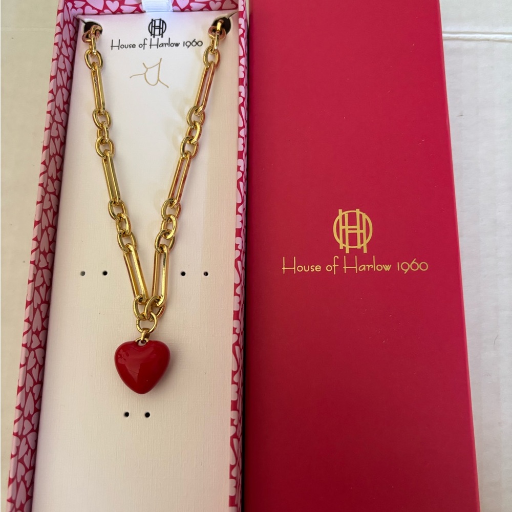 NIB House of Harlow 1960 Gold-Tone Chunky Chain Necklace with Red Heart Charm